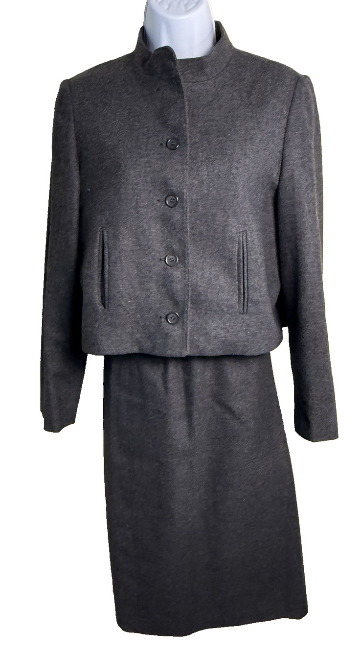 Vtg Norgail Wool Skirt Suit Set Charcoal Gray 2 pc Crop Jacket Pencil Skirt S M